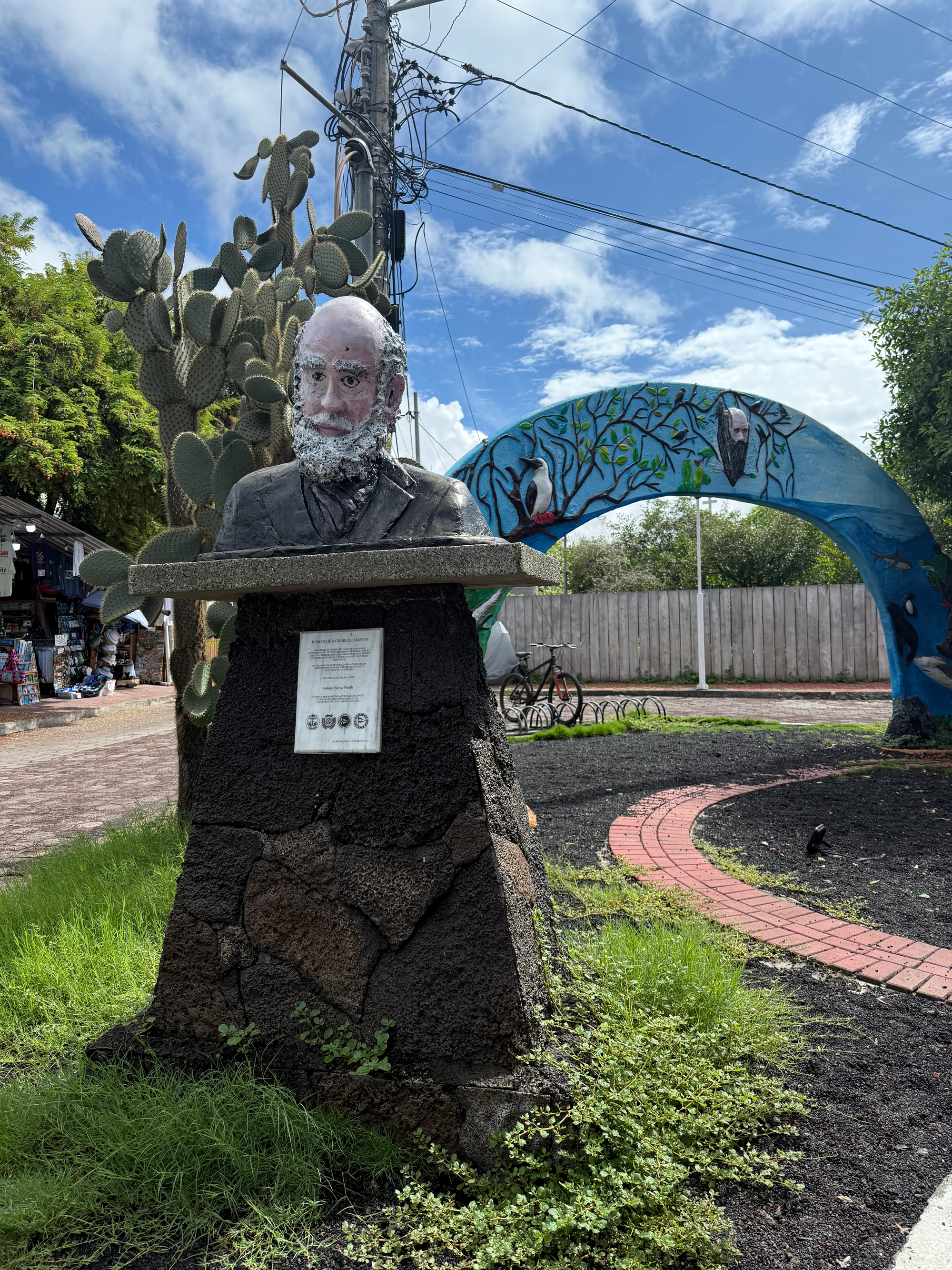 Two sculputural portraits of Darwin on a town square. In the foreground is a more traditional bust.In the background, there is an arch depicting Galápagos wildlife and Darwin's disembodied head suspended from tree branches by finches hanging onto his beard.